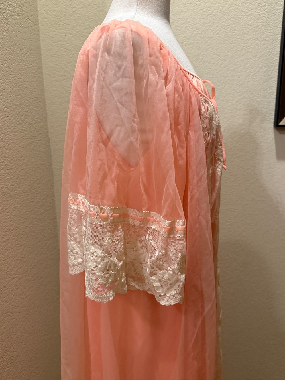 VTG 60s Sheer Peach 2 Pc Set Peignoir Robe Chiffon Lace Long Dressing Gown XXL - Picture 5 of 11
